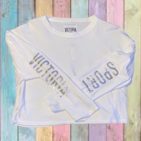 Victoria’s Secret Sport Tops - Victoria’s Secret Sport White Sliver Glitter Logo Sleeve Crop Top NWT